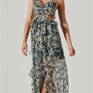 ASTR PALACE FLORAL CUTOUT RUFFLE MAXI DRESS